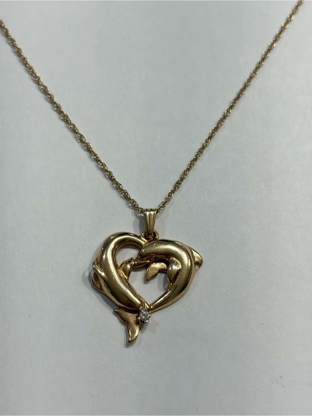 14 K yellow gold Dolphin Heart Pendant with little diamond necklace